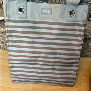 Thirty-One Gray and Brown Tote Bag with Nautical Stripes